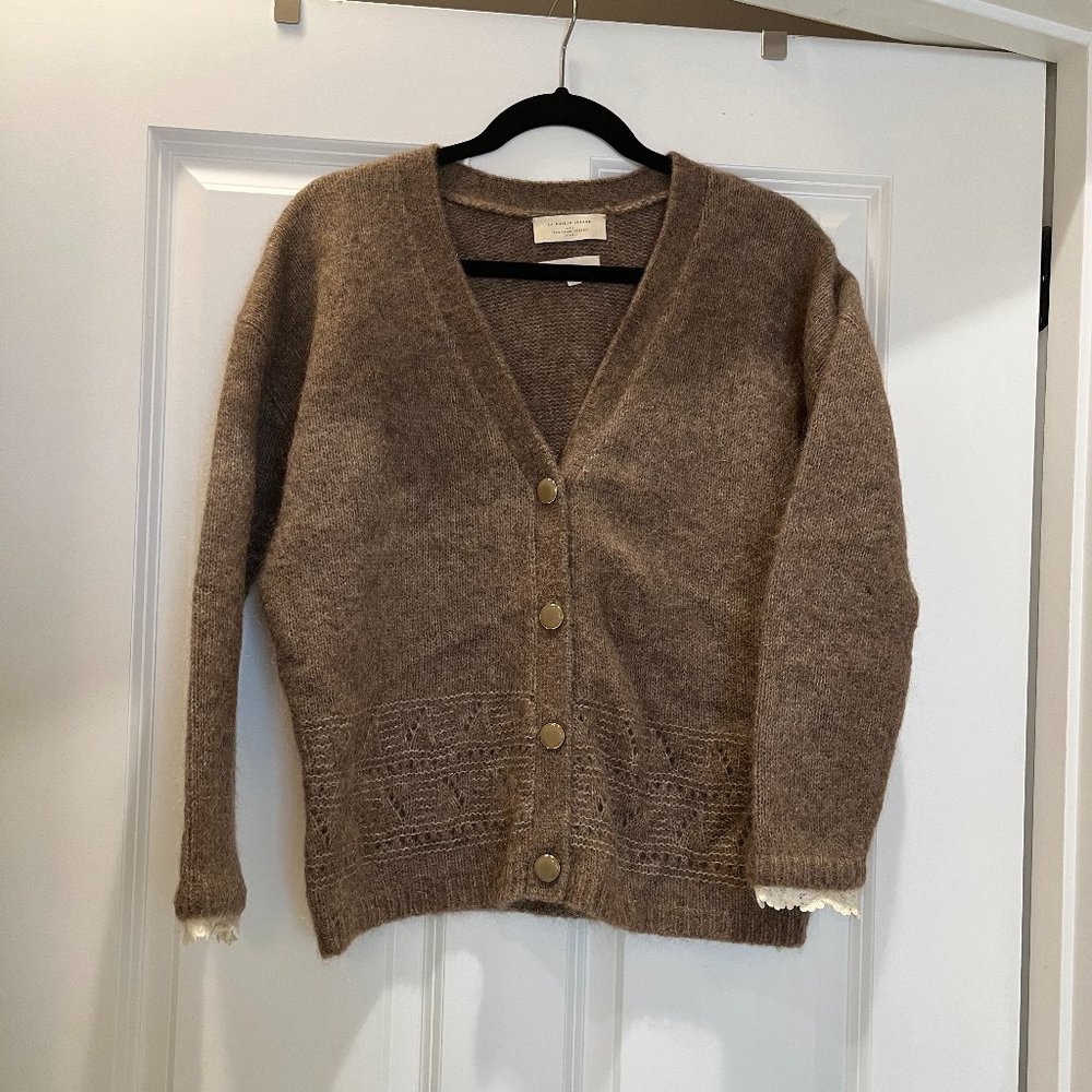 Sezane XS Brown Sweater Cardigan with lace detail